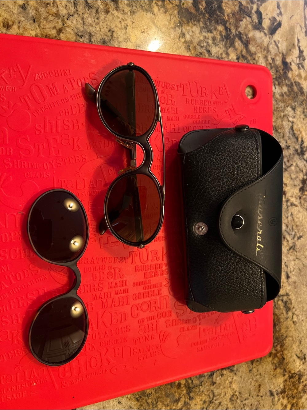 Black Frame Sunglasses with Brown Lenses and Black Leather Case